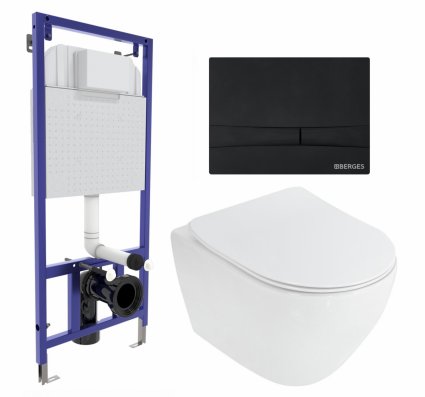 Комплект 3 в 1 инсталляция Berges Wasserhaus Novum 040255 + Унитаз подвесной Cezares Stylus CZR-513-TH-R + кнопка черная