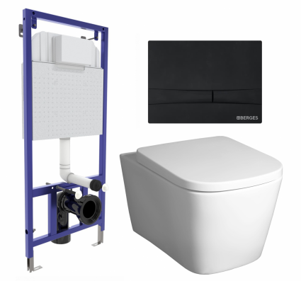 Комплект 3 в 1 инсталляция Berges Wasserhaus Novum 040255 + Унитаз подвесной BelBagno Albano BB120CHR + кнопка черная