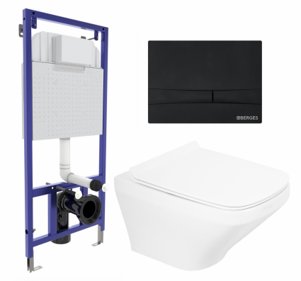 Комплект 3 в 1 инсталляция Berges Wasserhaus Novum 040255 + Унитаз подвесной BelBagno Sela BB3201CHR + кнопка черная