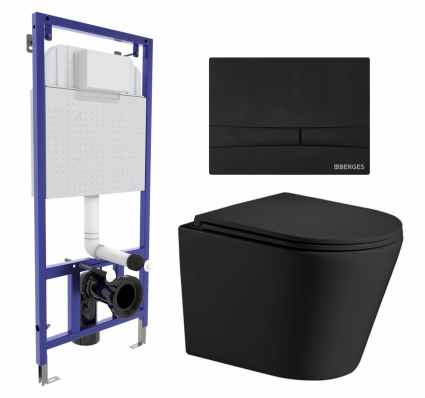 Комплект 3 в 1 инсталляция Berges Wasserhaus Novum 040255 + Подвесной унитаз WeltWasser Salzbach 043 MT-BL + кнопка черная