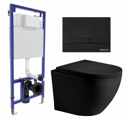 Комплект 3 в 1 инсталляция Berges Wasserhaus Novum 040255 + Унитаз подвесной Weltwasser WW Merzbach 043 MT-BL + кнопка черная
