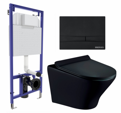 Комплект 3 в 1 инсталляция Berges Wasserhaus Novum 040255 + Унитаз подвесной Esbano Aster ESUPASTEBM + кнопка черная