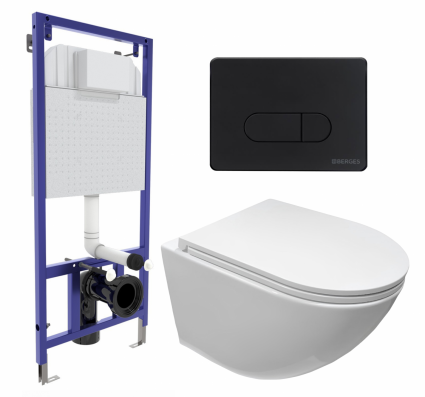 Комплект 3 в 1 инсталляция Berges Wasserhaus Novum 040235 + Подвесной безободковый унитаз CeruttiSpa Sella aria CT7183 + кнопка черная
