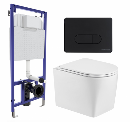 Комплект 3 в 1 инсталляция Berges Wasserhaus Novum 040235 + Унитаз подвесной WeltWasser Nesenbach 004 GL-WT + кнопка черная
