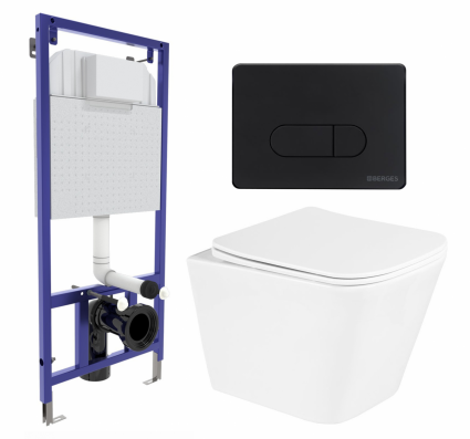 Комплект 3 в 1 инсталляция Berges Wasserhaus Novum 040235 + Унитаз подвесной BelBagno Due BB3103CHR/SC + кнопка черная