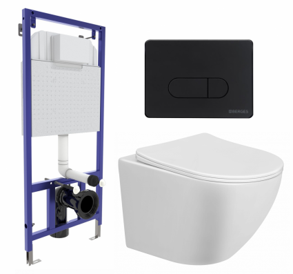 Комплект 3 в 1 инсталляция Berges Wasserhaus Novum 040235 + Унитаз подвесной Taliente Amato AM25010 + кнопка черная