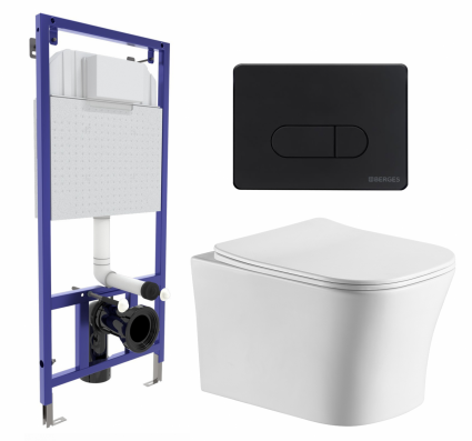Комплект 3 в 1 инсталляция Berges Wasserhaus Novum 040235 + Подвесной унитаз CeruttiSpa Marmolada aria CT7778 + кнопка черная