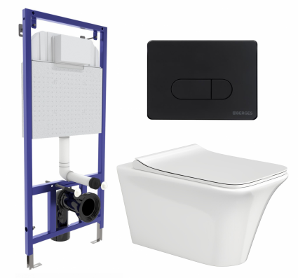 Комплект 3 в 1 инсталляция Berges Wasserhaus Novum 040235 + Унитаз подвесной CeruttiSpa Nivolet Aria 9034 + кнопка черная