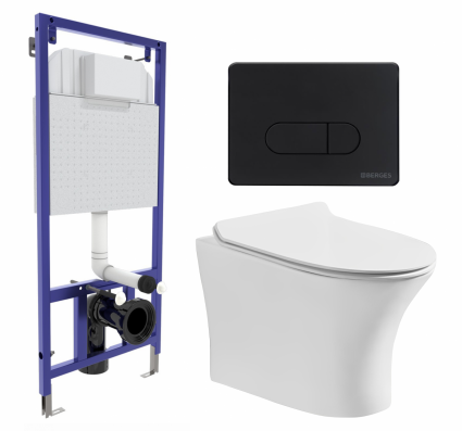Комплект 3 в 1 инсталляция Berges Wasserhaus Novum 040235 + Подвесной безободковый унитаз CeruttiSpa Bernina aria CT7191 + кнопка черная
