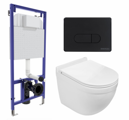 Комплект 3 в 1 инсталляция Berges Wasserhaus Novum 040235 + Подвесной унитаз WeltWasser Heimbach 043 GL-WT + кнопка черная