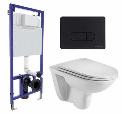 Комплект 3 в 1 инсталляция Berges Wasserhaus Novum 040235 + Подвесной унитаз WeltWasser Baarbach 004 GL-WT + кнопка черная