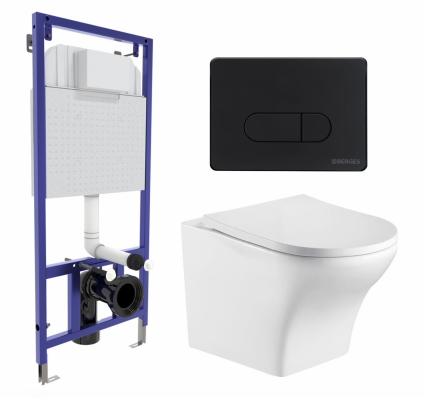 Комплект 3 в 1 инсталляция Berges Wasserhaus Novum 040235 + Подвесной унитаз WeltWasser Odenbach 004 GL-WT + кнопка черная
