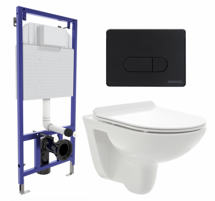Комплект 3 в 1 инсталляция Berges Wasserhaus Novum 040235 + Унитаз подвесной AQUAme AQM2008 + кнопка черная