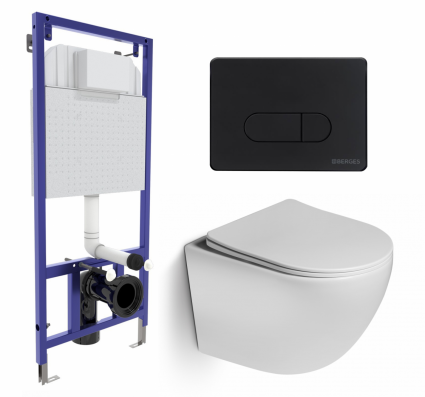 Комплект 3 в 1 инсталляция Berges Wasserhaus Novum 040235 + Унитаз подвесной SantiLine SL-5005 + кнопка черная