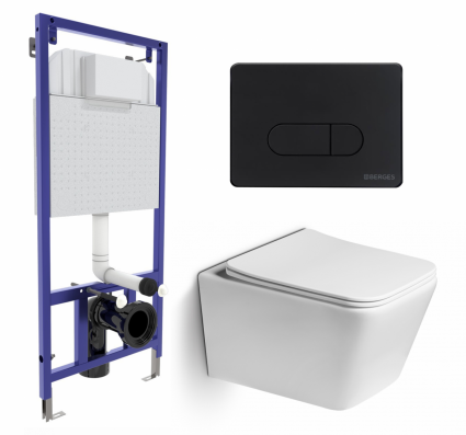 Комплект 3 в 1 инсталляция Berges Wasserhaus Novum 040235 + Унитаз подвесной SantiLine SL-5007 + кнопка черная