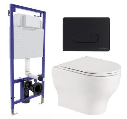 Комплект 3 в 1 инсталляция Berges Wasserhaus Novum 040235 + Подвесной унитаз WeltWasser Erlenbach 004 GL-WT + кнопка черная
