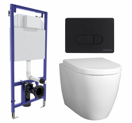 Комплект 3 в 1 инсталляция Berges Wasserhaus Novum 040235 + Унитаз подвесной BelBagno Marino + кнопка черная