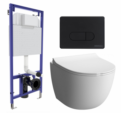 Комплект 3 в 1 инсталляция Berges Wasserhaus Novum 040235 + Унитаз подвесной VitrA Sento 7748В003-0075 + кнопка черная