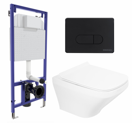 Комплект 3 в 1 инсталляция Berges Wasserhaus Novum 040235 + Унитаз подвесной BelBagno Sela BB3201CHR + кнопка черная