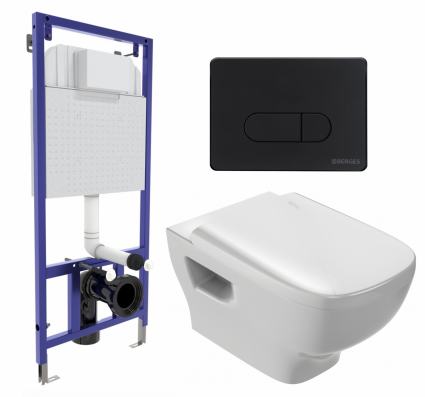 Комплект 3 в 1 инсталляция Berges Wasserhaus Novum 040235 + Унитаз подвесной Jacob Delafon Struktura EDE102-00 + кнопка черная