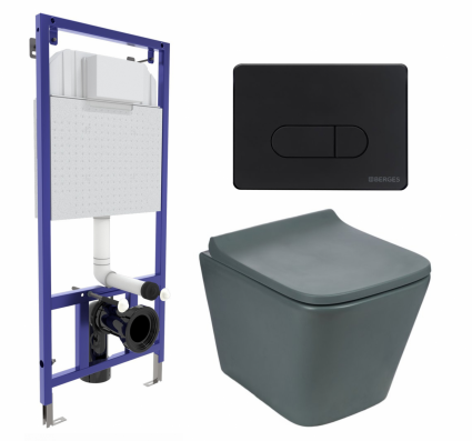 Комплект 3 в 1 инсталляция Berges Wasserhaus Novum 040235 + Унитаз подвесной Weltwasser WW SK Gelbach 041 MT-GR + кнопка черная