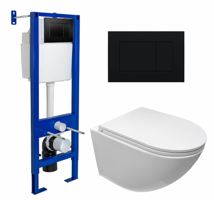 Комплект 3 в 1 инсталляция Berges Wasserhaus Atom 410 + Подвесной безободковый унитаз CeruttiSpa Sella aria CT7183 + кнопка черная