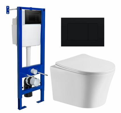 Комплект 3 в 1 инсталляция Berges Wasserhaus Atom 410 + Подвесной унитаз CeruttiSpa Adige Aria CT7837 + кнопка черная