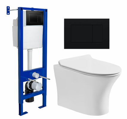 Комплект 3 в 1 инсталляция Berges Wasserhaus Atom 410 + Подвесной безободковый унитаз CeruttiSpa Bernina aria CT7191 + кнопка черная