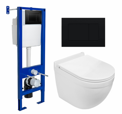 Комплект 3 в 1 инсталляция Berges Wasserhaus Atom 410 + Подвесной унитаз WeltWasser Heimbach 043 GL-WT + кнопка черная