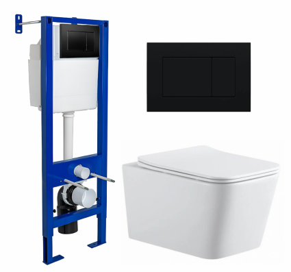 Комплект 3 в 1 инсталляция Berges Wasserhaus Atom 410 + Подвесной унитаз SinteSi BALTI + кнопка черная