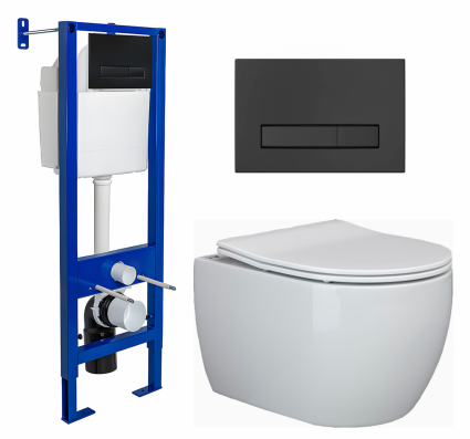 Комплект 3 в 1 инсталляция Berges Wasserhaus Atom Line 410 + Унитаз подвесной Ceramica Nova Play CN3001 + кнопка черная