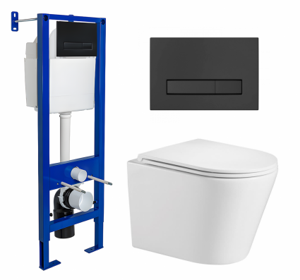 Комплект 3 в 1 инсталляция Berges Wasserhaus Atom Line 410 + Подвесной унитаз WeltWasser Salzbach 043 GL-WT + кнопка черная