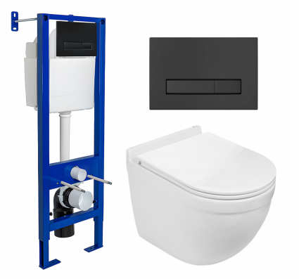 Комплект 3 в 1 инсталляция Berges Wasserhaus Atom Line 410 + Подвесной унитаз WeltWasser Heimbach 043 GL-WT + кнопка черная