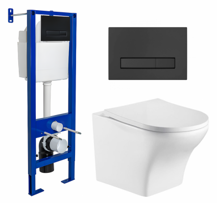 Комплект 3 в 1 инсталляция Berges Wasserhaus Atom Line 410 + Подвесной унитаз WeltWasser Odenbach 004 GL-WT + кнопка черная