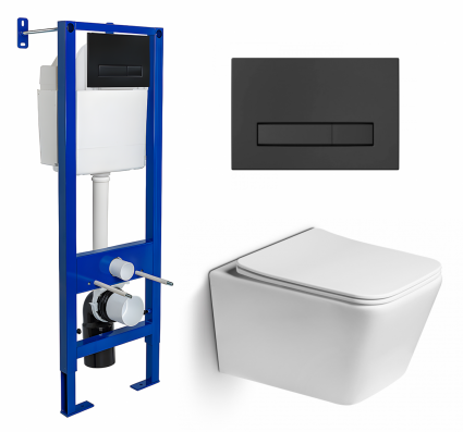 Комплект 3 в 1 инсталляция Berges Wasserhaus Atom Line 410 + Унитаз подвесной SantiLine SL-5007 + кнопка черная