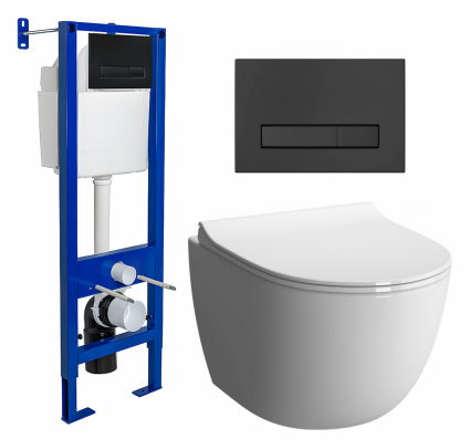 Комплект 3 в 1 инсталляция Berges Wasserhaus Atom Line 410 + Унитаз подвесной VitrA Sento 7748В003-0075 + кнопка черная