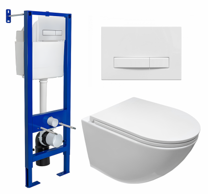 Комплект 3 в 1 инсталляция Berges Wasserhaus Atom Line 410 + Подвесной безободковый унитаз CeruttiSpa Sella aria CT7183 + кнопка белая