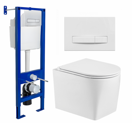 Комплект 3 в 1 инсталляция Berges Wasserhaus Atom Line 410 + Унитаз подвесной WeltWasser Nesenbach 004 GL-WT + кнопка белая