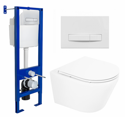 Комплект 3 в 1 инсталляция Berges Wasserhaus Atom Line 410 + Унитаз подвесной BelBagno Tre BB8001CHR/SC + кнопка белая