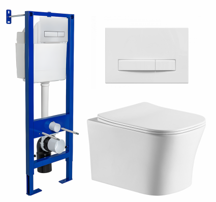 Комплект 3 в 1 инсталляция Berges Wasserhaus Atom Line 410 + Подвесной унитаз CeruttiSpa Marmolada aria CT7778 + кнопка белая