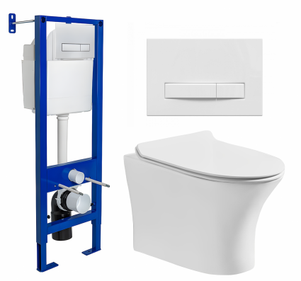 Комплект 3 в 1 инсталляция Berges Wasserhaus Atom Line 410 + Подвесной безободковый унитаз CeruttiSpa Bernina aria CT7191 + кнопка белая