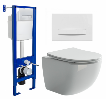 Комплект 3 в 1 инсталляция Berges Wasserhaus Atom Line 410 + Унитаз подвесной Ceramica Nova Forma CN3009 + кнопка белая