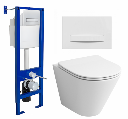 Комплект 3 в 1 инсталляция Berges Wasserhaus Atom Line 410 + Унитаз подвесной Grossman GR-4477S + кнопка белая