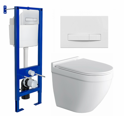 Комплект 3 в 1 инсталляция Berges Wasserhaus Atom Line 410 + Унитаз подвесной Owl 1975 Cirkel-H + кнопка белая