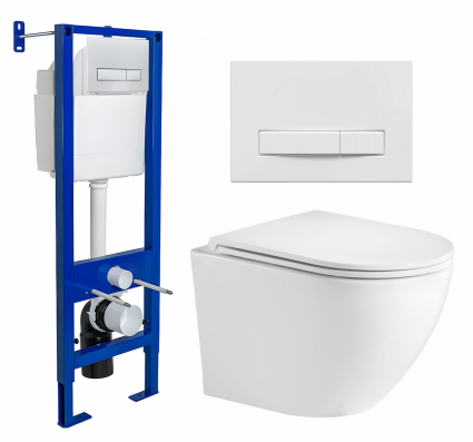 Комплект 3 в 1 инсталляция Berges Wasserhaus Atom Line 410 + Подвесной унитаз WeltWasser Merzbach 043 GL-WT + кнопка белая
