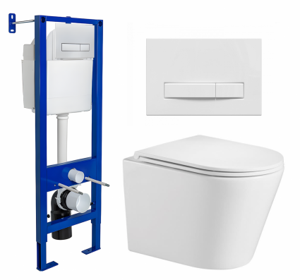 Комплект 3 в 1 инсталляция Berges Wasserhaus Atom Line 410 + Подвесной унитаз WeltWasser Salzbach 043 GL-WT + кнопка белая