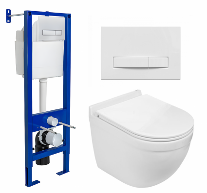 Комплект 3 в 1 инсталляция Berges Wasserhaus Atom Line 410 + Подвесной унитаз WeltWasser Heimbach 043 GL-WT + кнопка белая