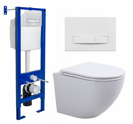 Комплект 3 в 1 инсталляция Berges Wasserhaus Atom Line 410 + Подвесной унитаз SinteSi EVI + кнопка белая