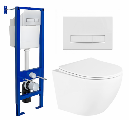 Комплект 3 в 1 инсталляция Berges Wasserhaus Atom Line 410 + Унитаз подвесной BelBagno Uno BB3105CHR/SC + кнопка белая