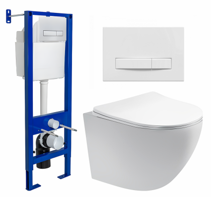 Комплект 3 в 1 инсталляция Berges Wasserhaus Atom Line 410 + Унитаз подвесной Акватек Европа AQ1900-00 + кнопка белая